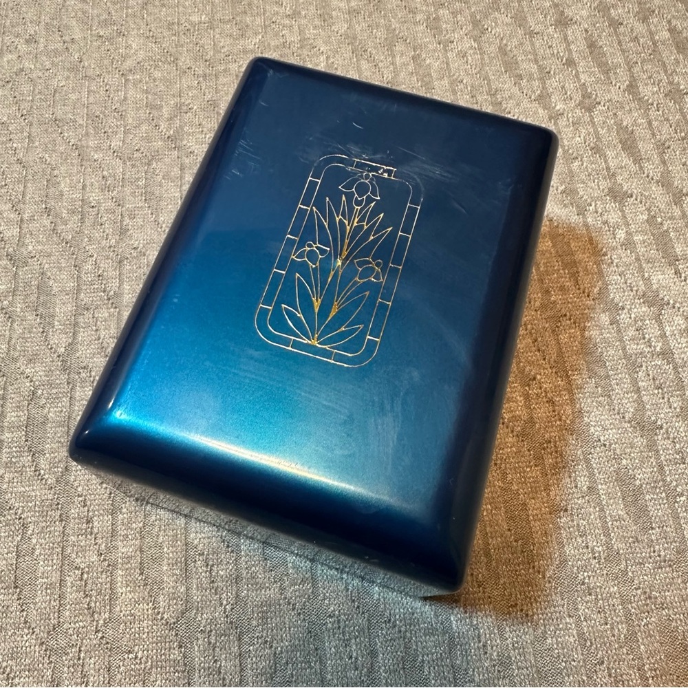 Vintage Blue Decorative Box with Gold Floral Design